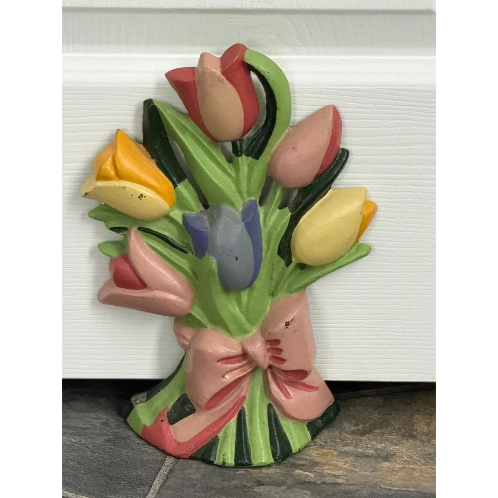 Vintage Cast Iron Door Stop Tulip Bouquet Flowers Mom Gift Country Décor 9